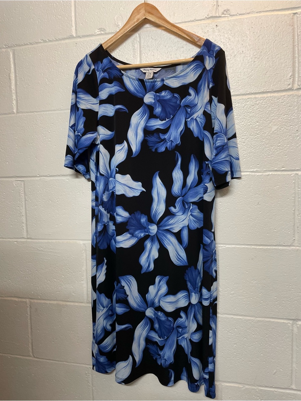 Tommy Bahama Black Midi Dress with Blue Floral Print L